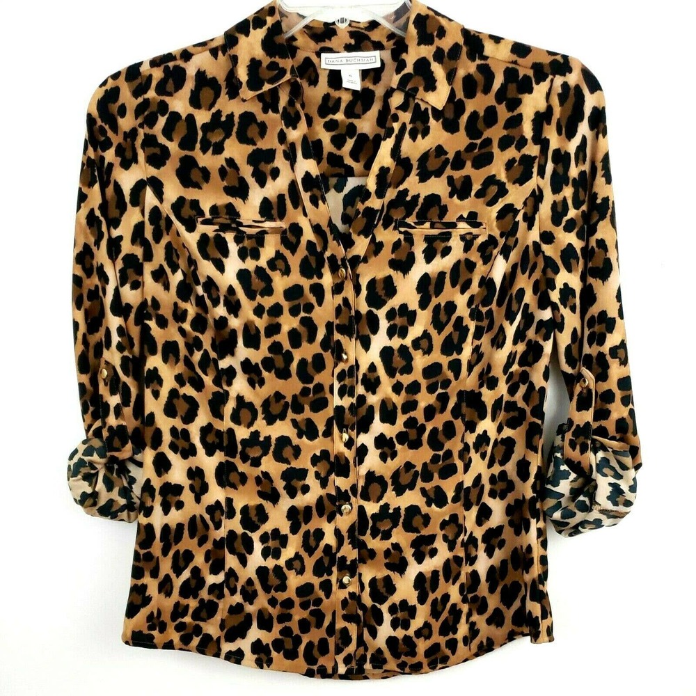Dana Buchman Leopard Print Blouse Tab Long Sleeve
